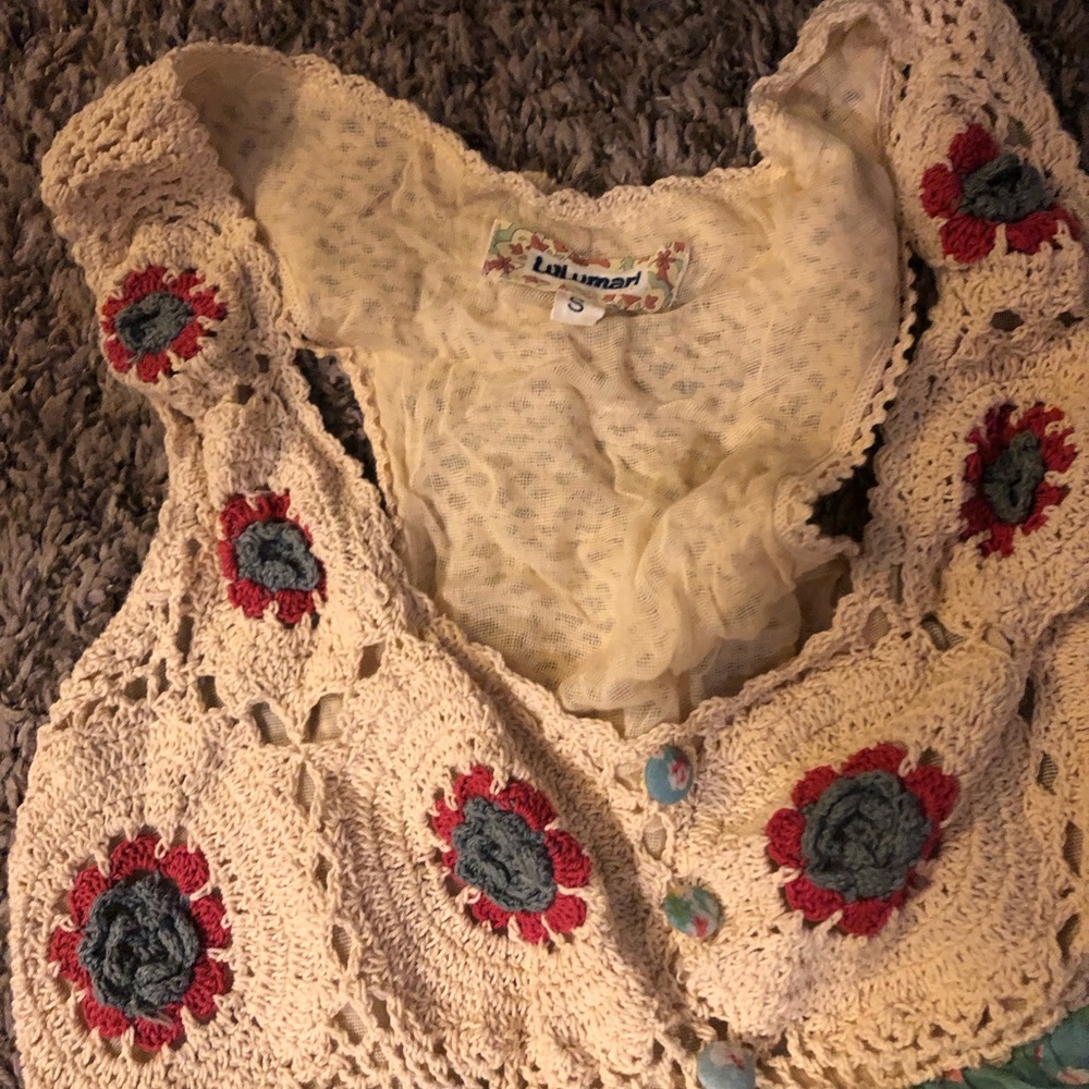 Lulumari Cream Crochet Vest with Red and Blue Floral Details